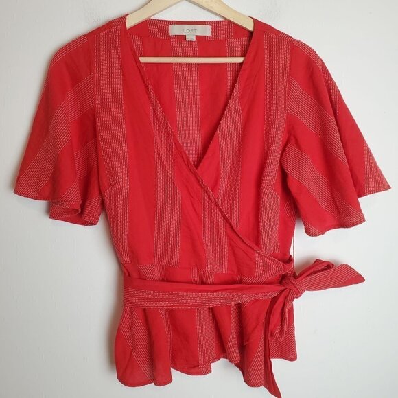 Loft XS True Wrap Striped Top‎ Red V-neck Short Sleeves - Picture 7 of 8